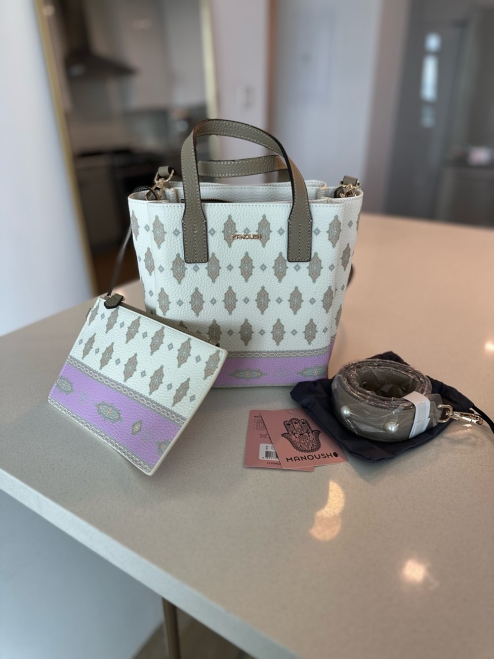 Manoush White and Lavender Kilim Patterned, Ople-Embossed Synthetic Leather Tote - Picture 4 of 13